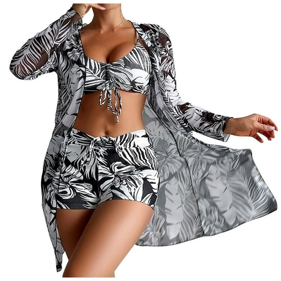 WREESH Womens 3 Piece Swimsuits Board Shorts Bikini Set with Kimono Beach Cover Ups Printed Bikini Straps Bikini Deep V Split Swimsuit Set Swimsuit Set Bathing Suit Black