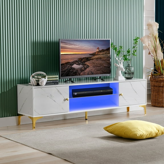 COSVALVE 62.3" Modern White Marble Print TV Stand with 24 Colors LED Light, 2 Storage Cabinets, 2 Shelves
