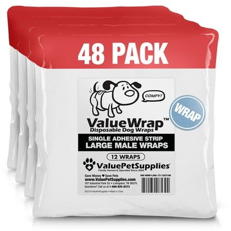 ValueWrap Disposable Male Dog Diapers, 1-Tab Medium, 48 Count - Absorbent Male Wraps for Incontinence, Excitable Urination & Travel, Fur-Friendly Fasteners, Leak Protection, Wetness