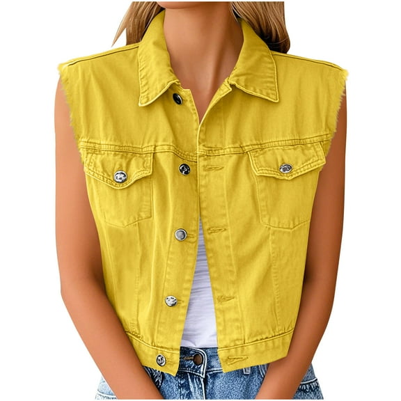 Timegard Jean Vests for Women Summer Travel Collared Button down Cropped Tops Fashion Denim Tops S-5XL