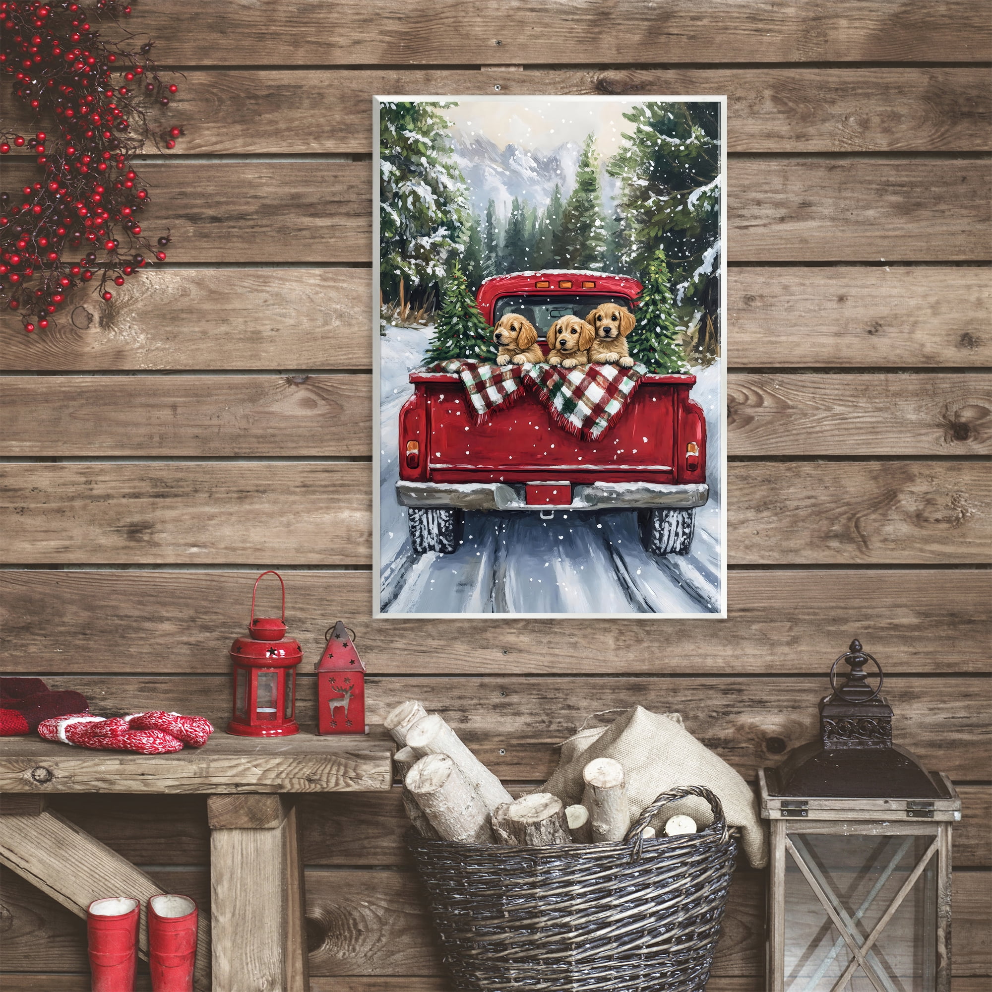 Golden Pups Christmas Truck Wall Plaque Art, design by Petal Prints Design