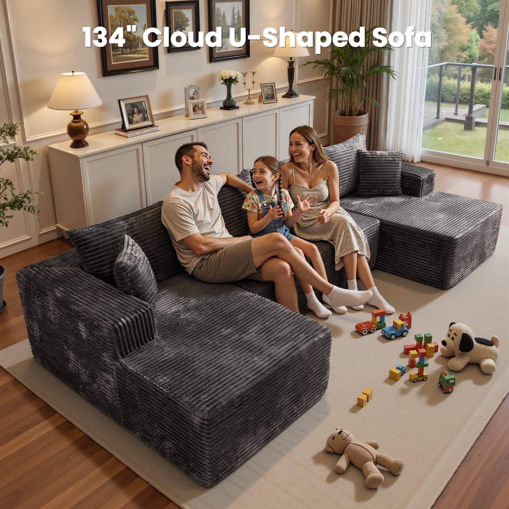 Ovios 134" Oversized U-Shaped Modular Sectional Sofa No Assembly Cloud Couch with Dual Chaise Plush Corduroy Boneless Sofa for Living Room, Gray