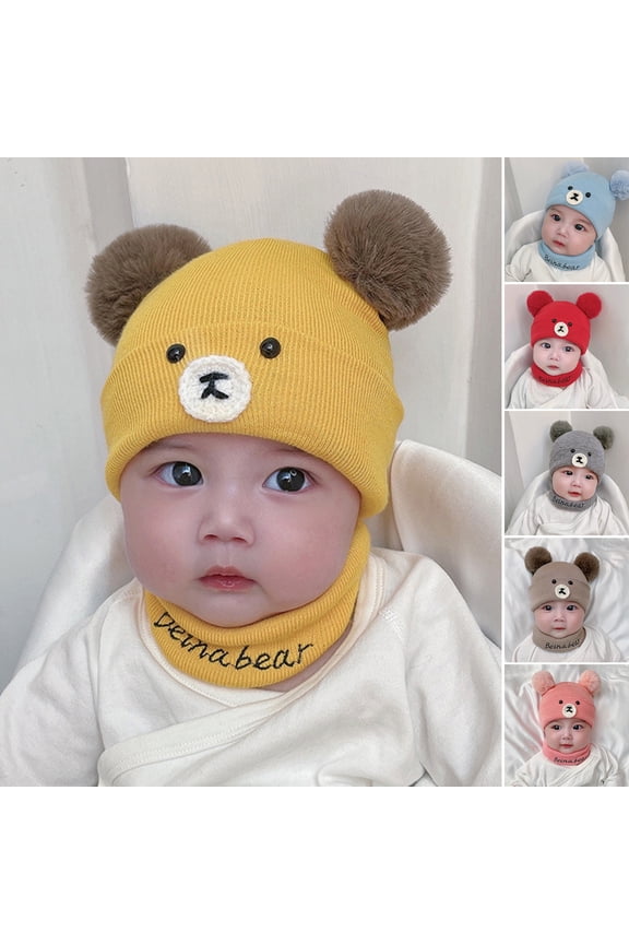 2Pcs/Set 3-18 Months Infants Hat Neck Warmer Knitted Dual Pompoms Cartoon Bear Stretchy Thickened Cold Resistant Super Soft Autumn Winter Baby Girls Boys Kids Beanie Cap Scarf Kit