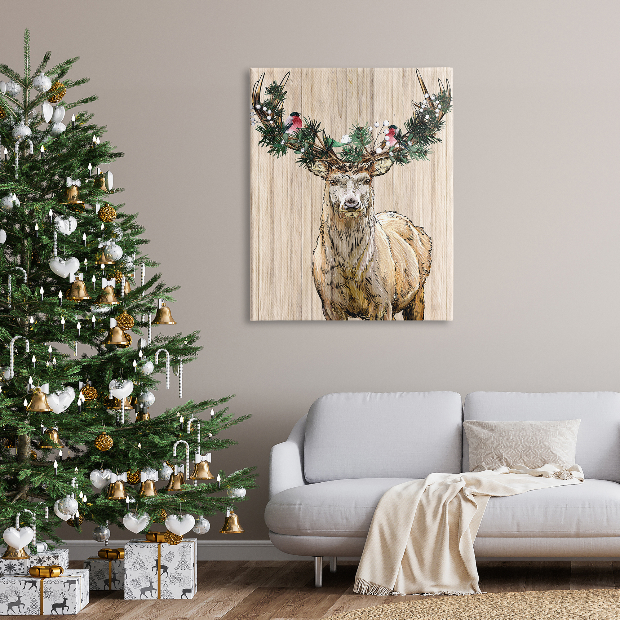 Winter Fir Arrangement Deer Antlers Grainy Pattern Animals & Insects Graphic Art Gallery-Wrapped Canvas Print Wall Art