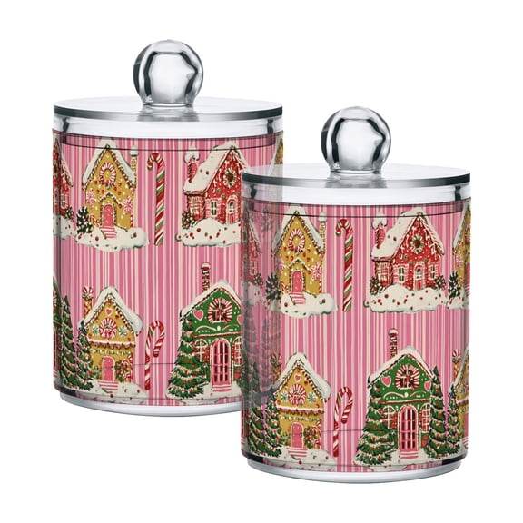 Yayeee 2 Pack Qtip Holder Bathroom Cotton Swab Canister with Lid Clear Dispenser Set, Pink Christmas House