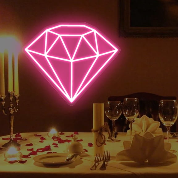 Diamond Neon Sign for Wall Decoration, Glowing Neon Sign, Adjustable Brightness Shining LED Sign Night Light for Man Cave Bedroom, Wedding, Living Room, Party, Bar, Office Decoration-Pink