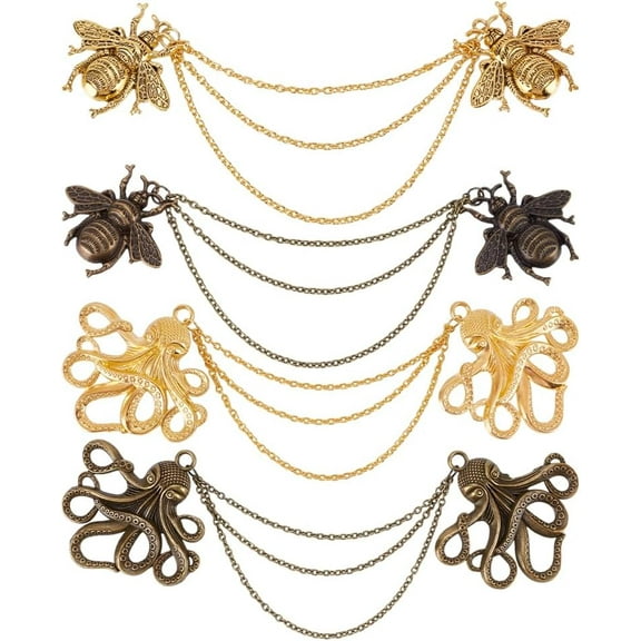 4 Pcs Bees Octopus Tassel Chain Brooch Collar Pins 4 Styles Suit Coat Breastpin Blouse Lapel Pin Tuxedo Accessories for Men Business Suit Collar Bar Pin Jewelry Gifts Wedding Birthday