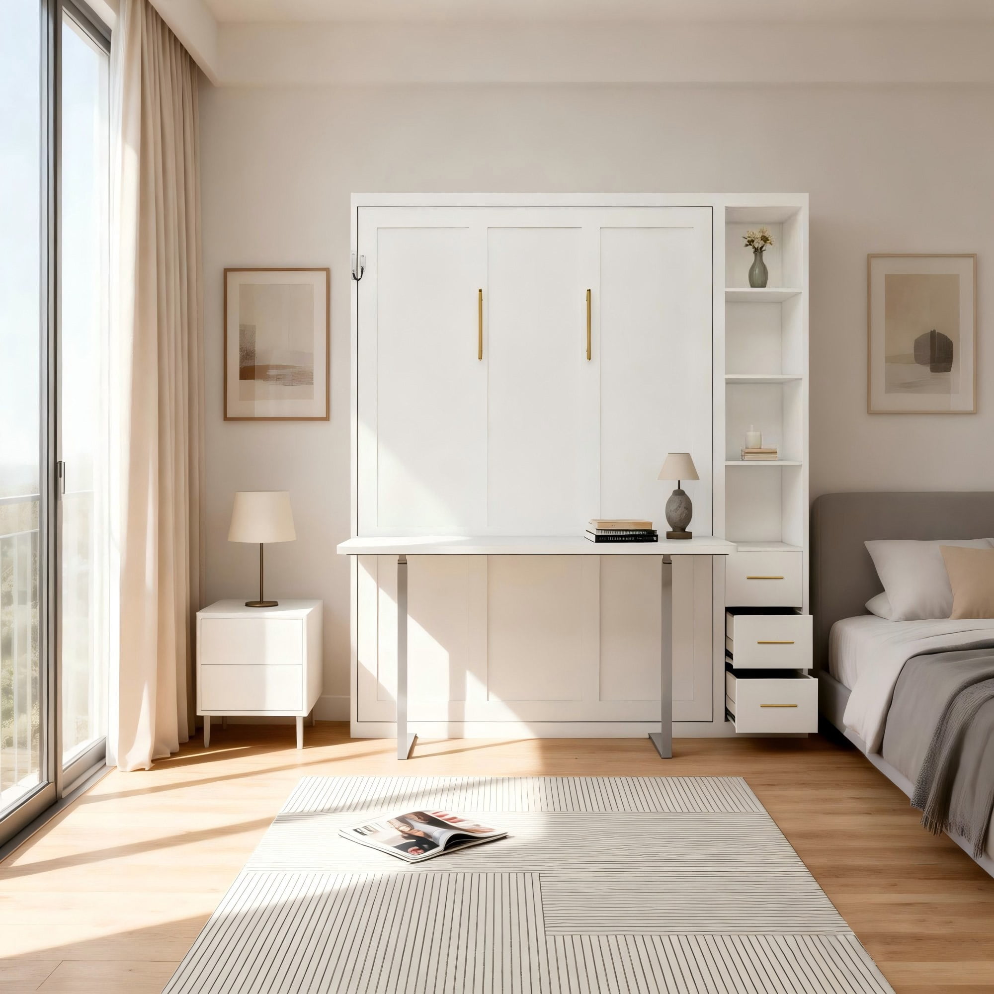 Queen Size Murphy Wall Bed with Desk and Side Cabinet, Foldable Wall Bed with Automatic Leg and Hydraulic System, Space-Saving Cabinet Bed for Home Office, Bedroom, White