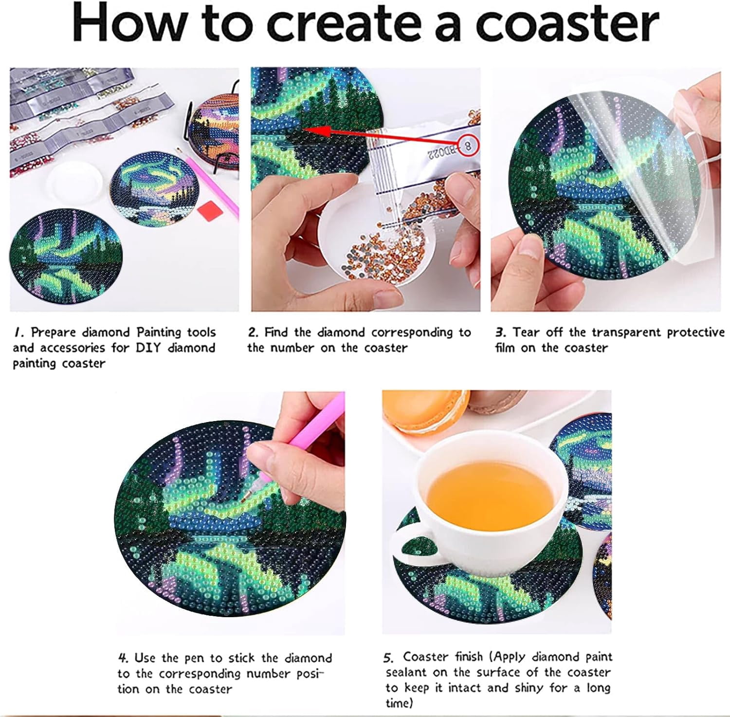 Aurora Diamond Art Coasters Kits with Holder, Landscape Diamond Painting Coasters Kits, DIY 5D Nature Scenery Diamond Dots Full Drill Art Craft Supplies
