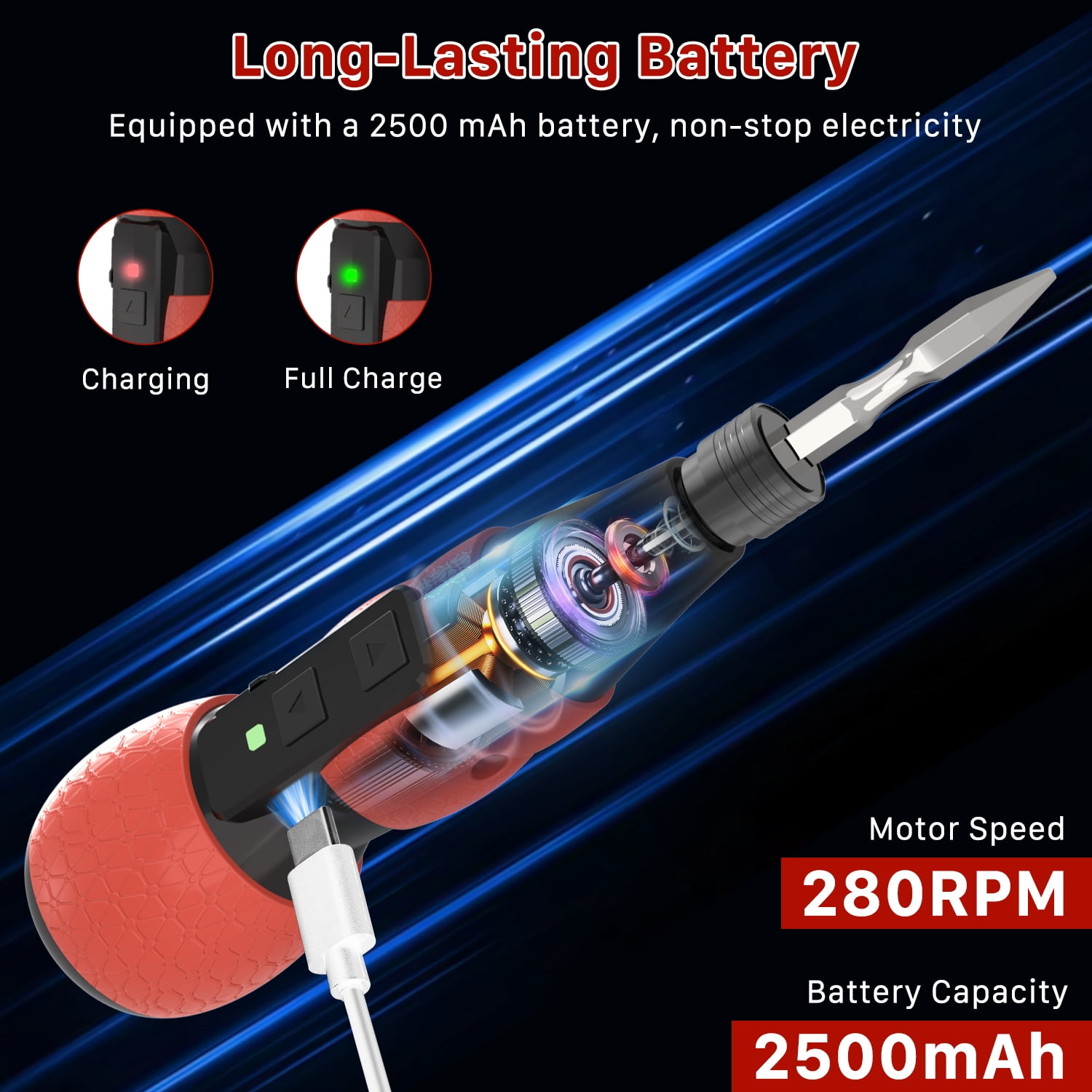 Hillyfe Electric Cordless Screwdriver, 3.7V Rechargeable Lithium-ion Battery with LED Light, Small Screwdriver with 13pcs Bits, Red