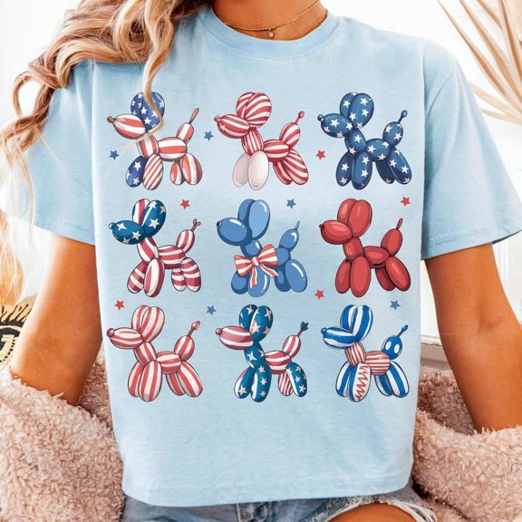 Patriotic Balloon Dog T-shirt, 4th of July Shirt, American Flag Animal Red White Blue Star USA Dog TH300536