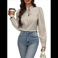 thumbnail image 3 of Camisas A Rayas con Botones para Mujer, Blusas Clásicas de Larga y Elegantes para Oficina y Trabajo. Caqui M, 3 of 9