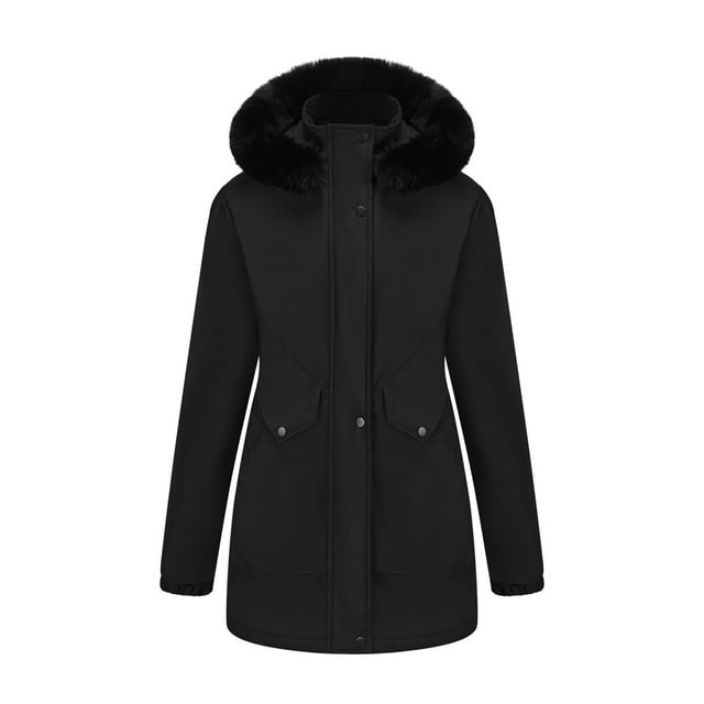 Women's Solid Mid Length Jacket With Large Collar And Warm Winter Coat,Size:L