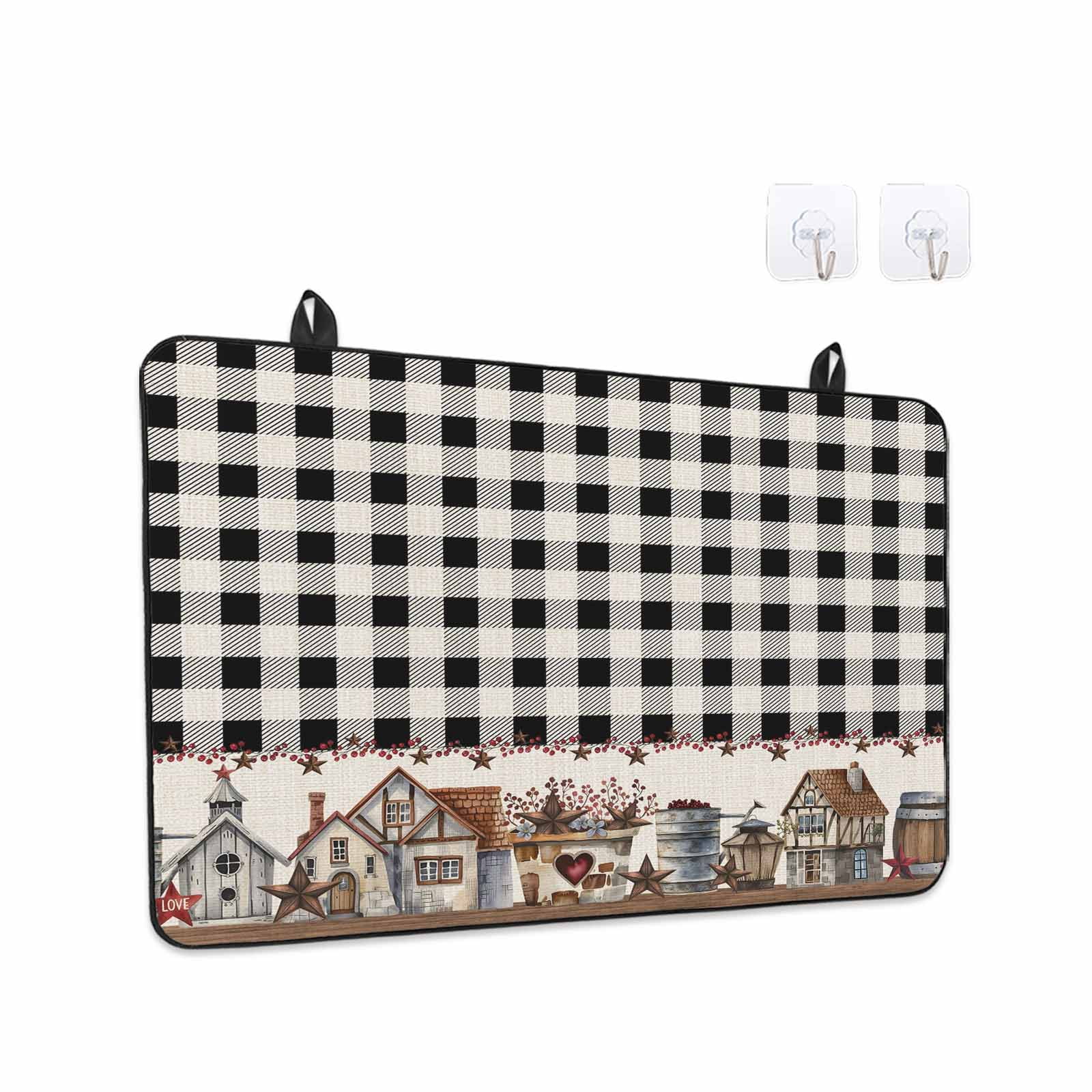 Farmhouse Stove Top Cover for Electric Stove, Heat-proof & Non Slip Glass Top Stove Cover Protector, American Country Star Barn Black Plaid Berry Kitchen Flat Cooktop Rubber Mat 24x21 Inches