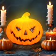 thumbnail image 4 of Luces de linterna de calabaza de Halloween | Decoración de Halloween con LED colgada | Atrezzo para fiestas interiores al aire libre | Pack de 3 linternas naranjas tenebrosas | Eficiencia energética, 4 of 9