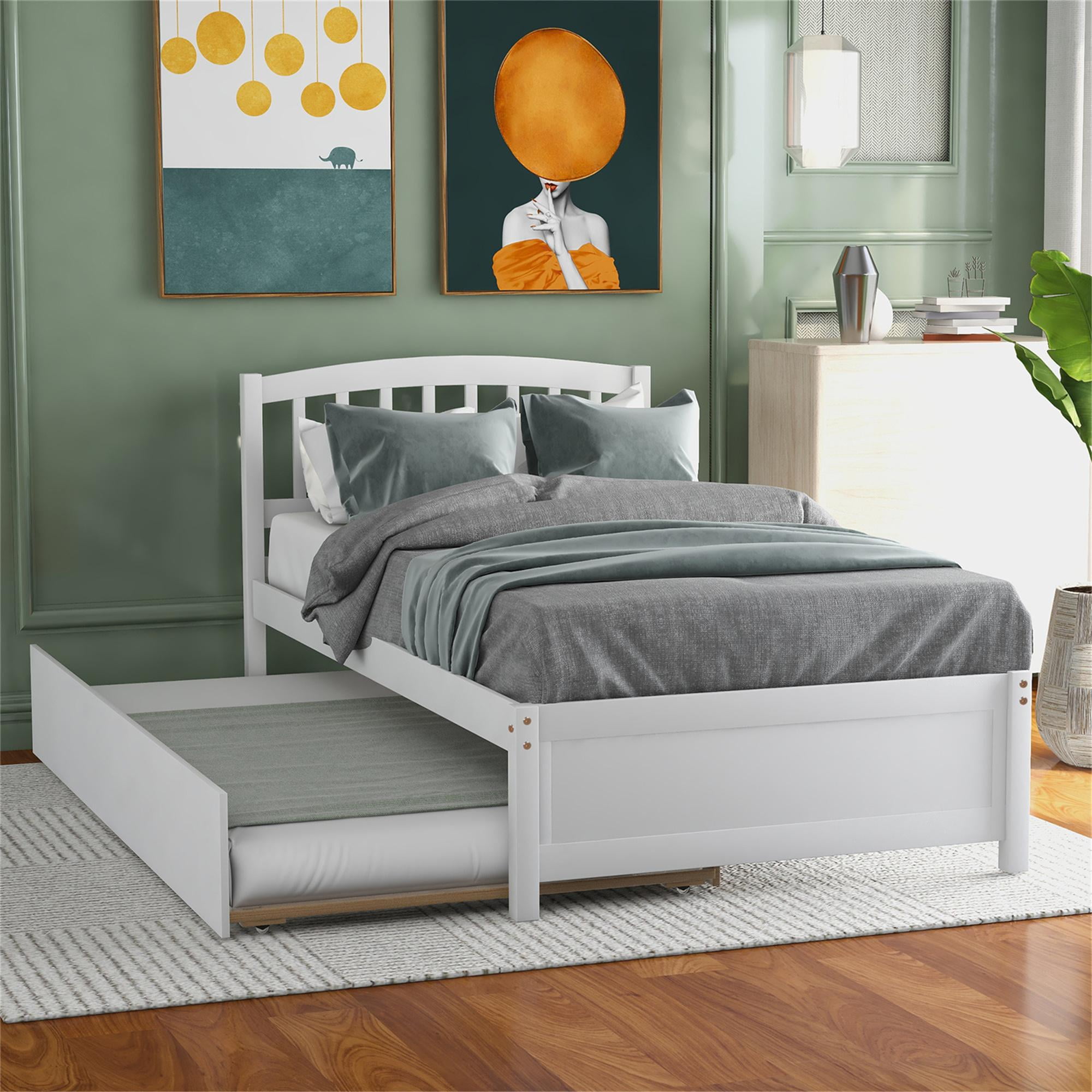 White Twin Platform Bed with Trundle, Solid Pine Wood Bed Frame, Pull
