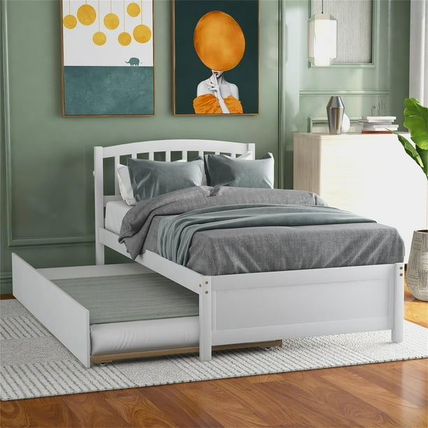 White Twin Platform Bed With Trundle, Pine Twin Bed With Trundle