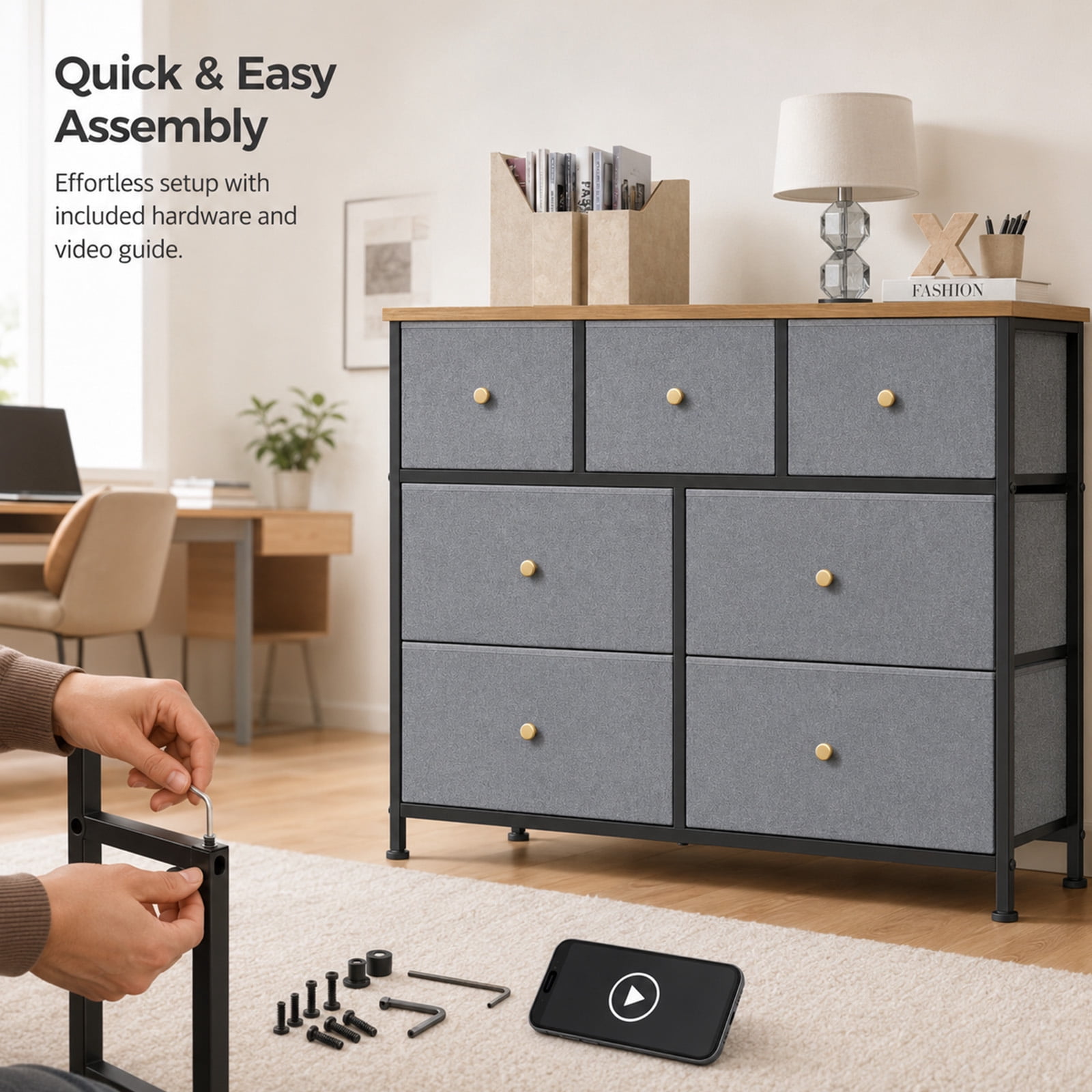 Alvantor 5/7 Drawer Fabric Dresser, Storage Tower for Bedroom and Closet, Chest of Drawers with Sturdy Steel Frame & Wooden Top for Living Room, Entryway