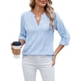 thumbnail image 4 of BadPiggies Women's Blouses V Neck Rolled Up 3/4 Length Sleeve Tops Casual Jacquard Fall Shirts (L, Blue), 4 of 8