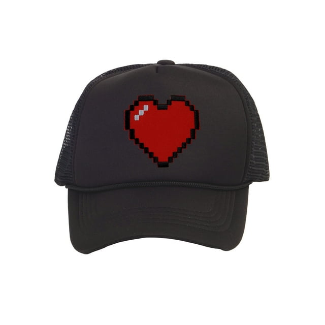 Men's 80's Retro Large 8 Bit Pixelated Heart Gamer Trucker Hat, Black