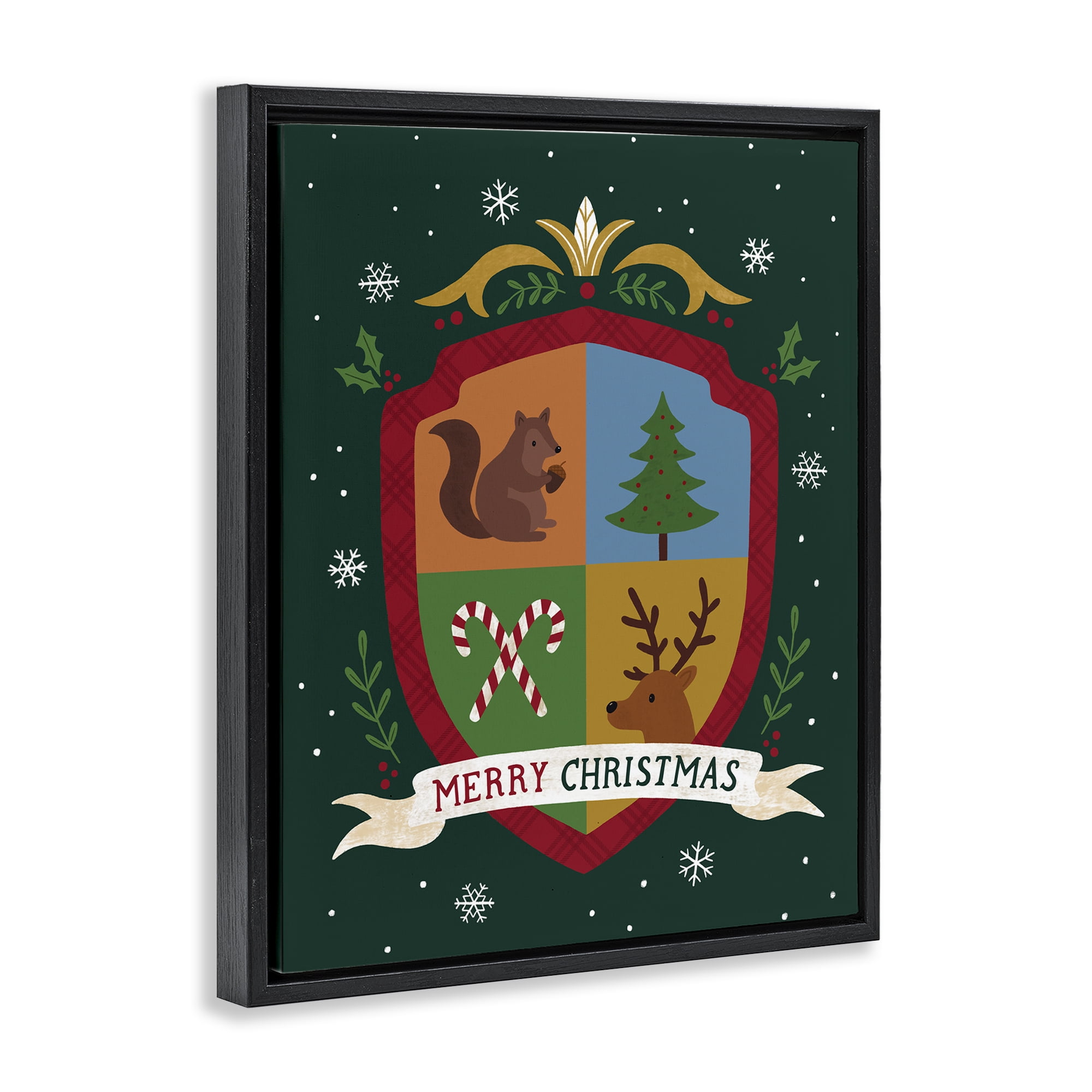 Stupell Industries Merry Christmas Woodland Crest Holiday Painting Black Floater Framed Canvas Art Prints Wall Art, 17 x 21