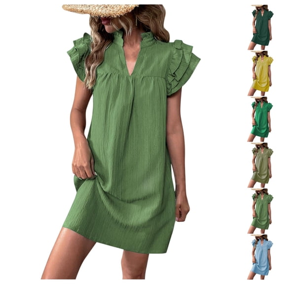 Horkkom Sundresses for Women V Neck Short Sleeve Loose Mini Dresses Summer Casual Holiday Beach Dresses L