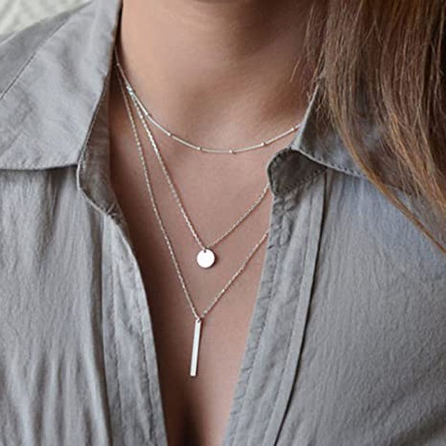 Collar multicapa colgante de 3 niveles cadena larga accesorios para mujer (plata)