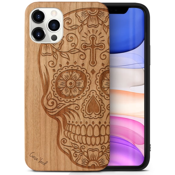 Case Yard Wooden Case Outside Soft TPU Silicone, Slim Fit Shockproof Wood Protective Phone Cover for Girls Boys Men and Women, Supports Wireless Charging Cross Skull Design case for iPhone-12-Pro-Max