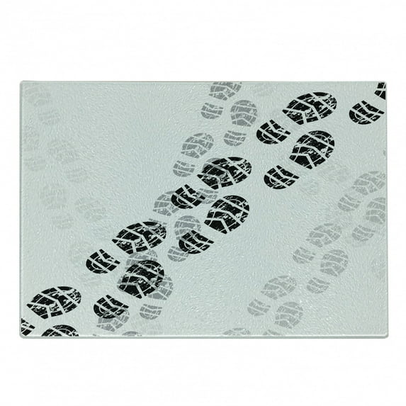 Running Cutting Board, Grunge Theme of Shoe Prints Pattern in Greyscale Tones, Decorative Tempered Glass Cutting and Serving Board, in 3 Sizes, by Ambesonne