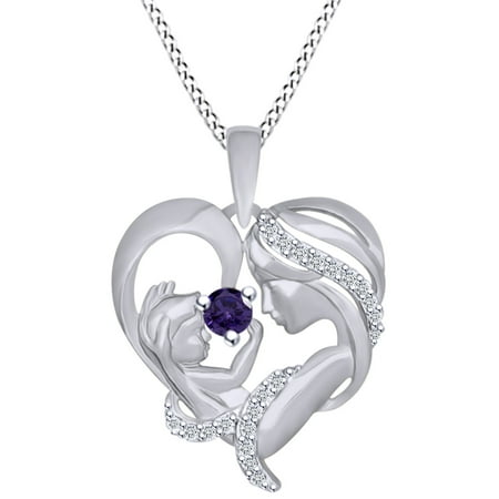 Mother Of Pearl Goddess Pendant - Round Cut Simulated Alexandrite & White Cubic Zirconia Mom With Child Heart Pendant Necklace In 14k White Gold Over Sterling Silver