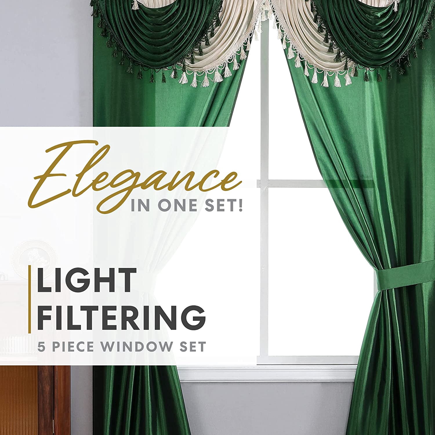 Regal Home Collections Amore Curtains 5-Piece Window Curtain Set - 54-Inch W x 84-Inch L Panels with Attached Valance and 2 TiebackS (Green)