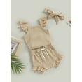 thumbnail image 4 of Hirigin Newborn Baby Girl Summer Outfit 0 3 6 12 18 Months Fly Sleeve Solid Color Ribbed Romper Tops Drawstring Short Pants Headband Set, 4 of 8
