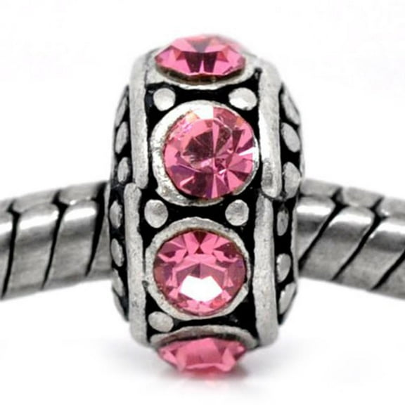 Sexy Sparkles Pink Rhinestone October Birthstone Spacer Bead Charm for European Snake Chain Charm Bracelet - Zinc Metal Alloy, Silver Base Metal