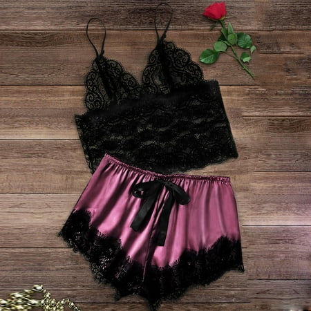 WFJCJPAF Lingerie Sets Intimate Women Lace Satin Bra Camisole Sling Tops Shorts Pajamas Two Piece Set Black S
