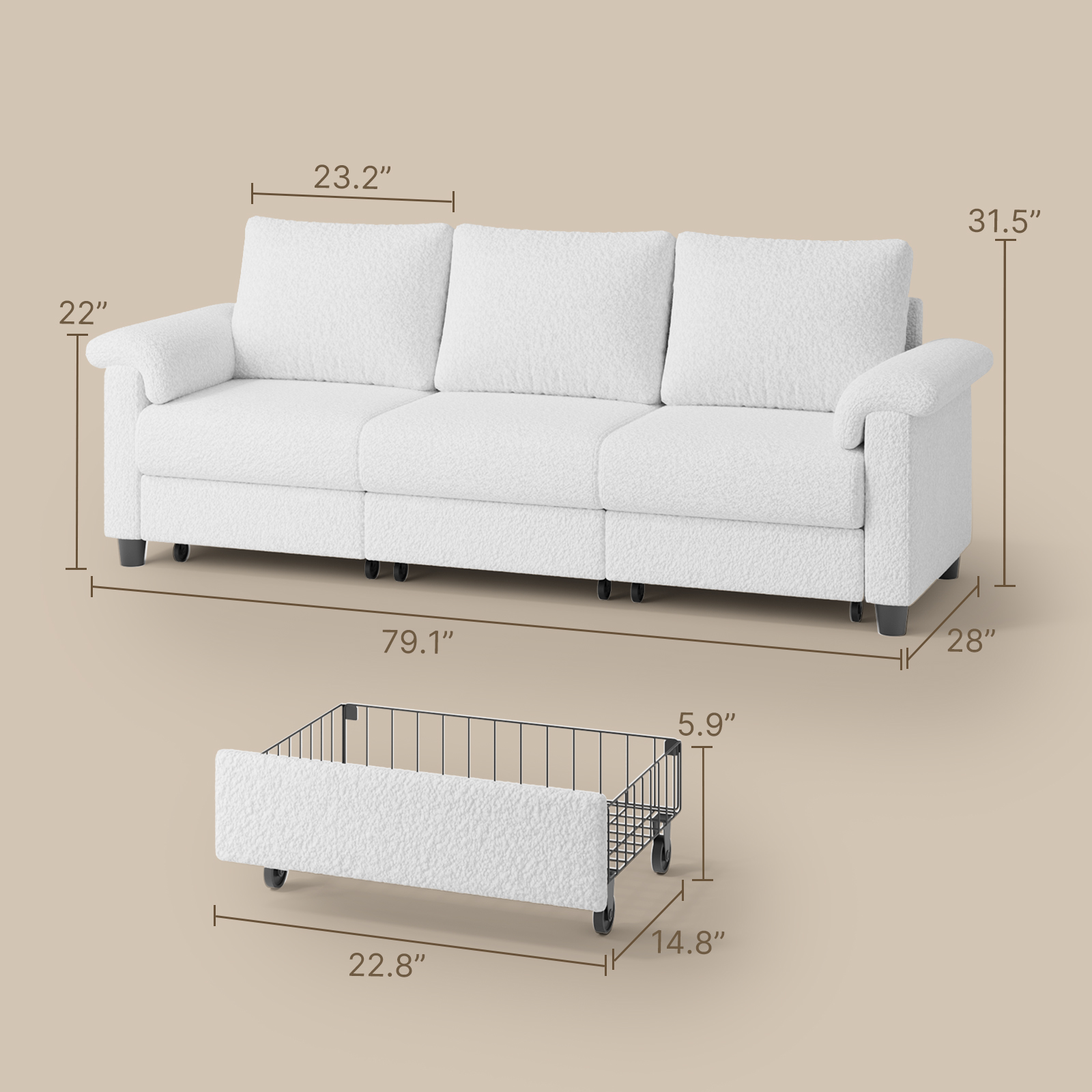 Aiho 68"L-shaped Sofa Couch,3-seater Convertible Sofa Bed for Living Room , Beige