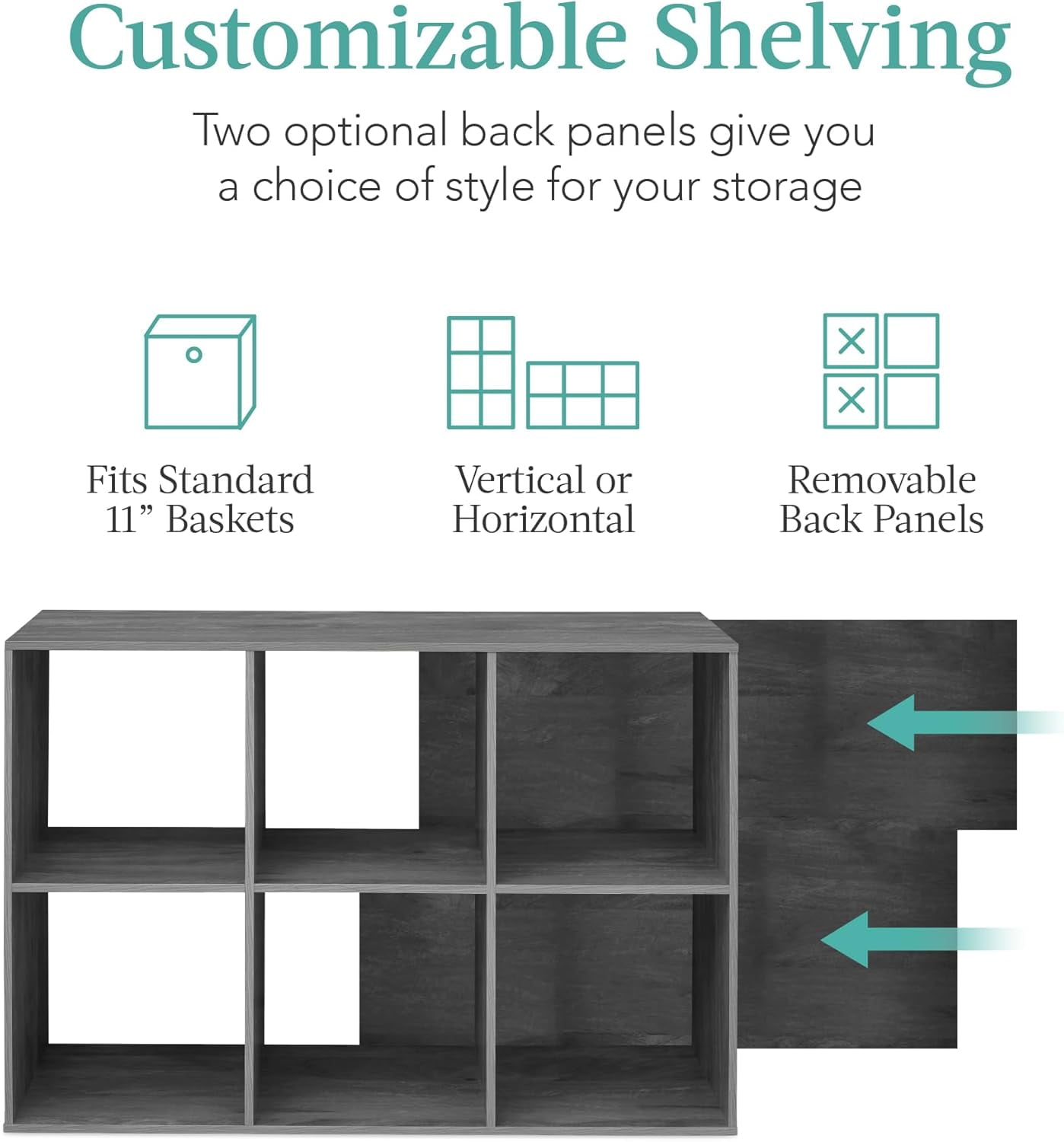 6-Cube Storage Organizer, 11in Shelf Opening, Bookcase, Display Shelf, Customizable w/ 3 Removable Back Panels – Dark Gray