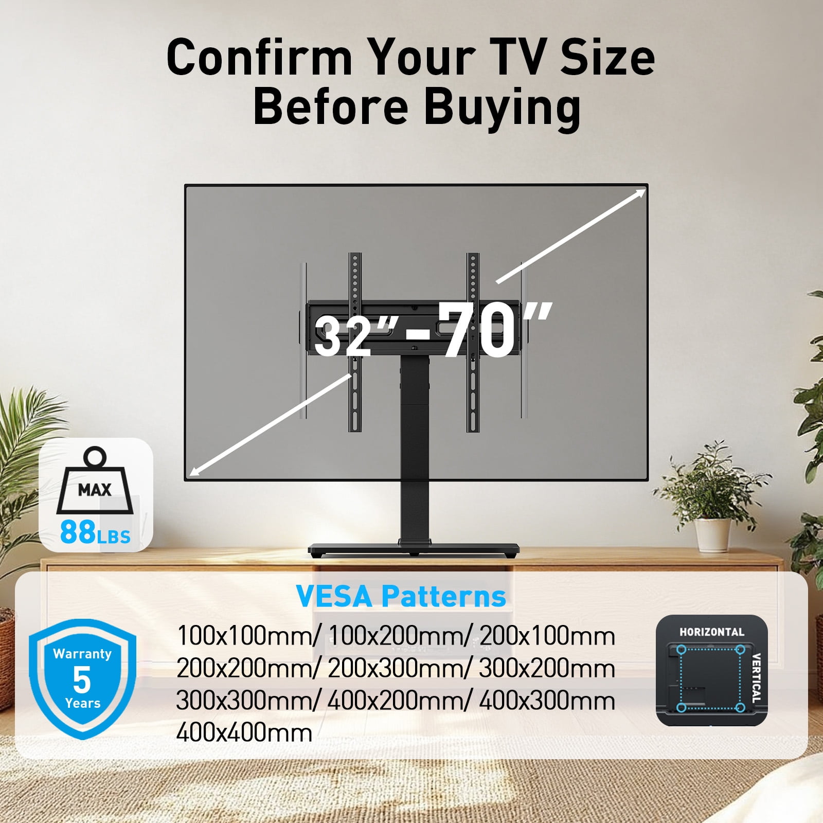 MountFTV Universal TV Stand with LED Lights for 32-70 inch TVs, Holds up to 88 lbs, Max 400x400mm, 9 Height Adjustable Table Top TV Stand Mount with 35° Swivel and 8° Tilt
