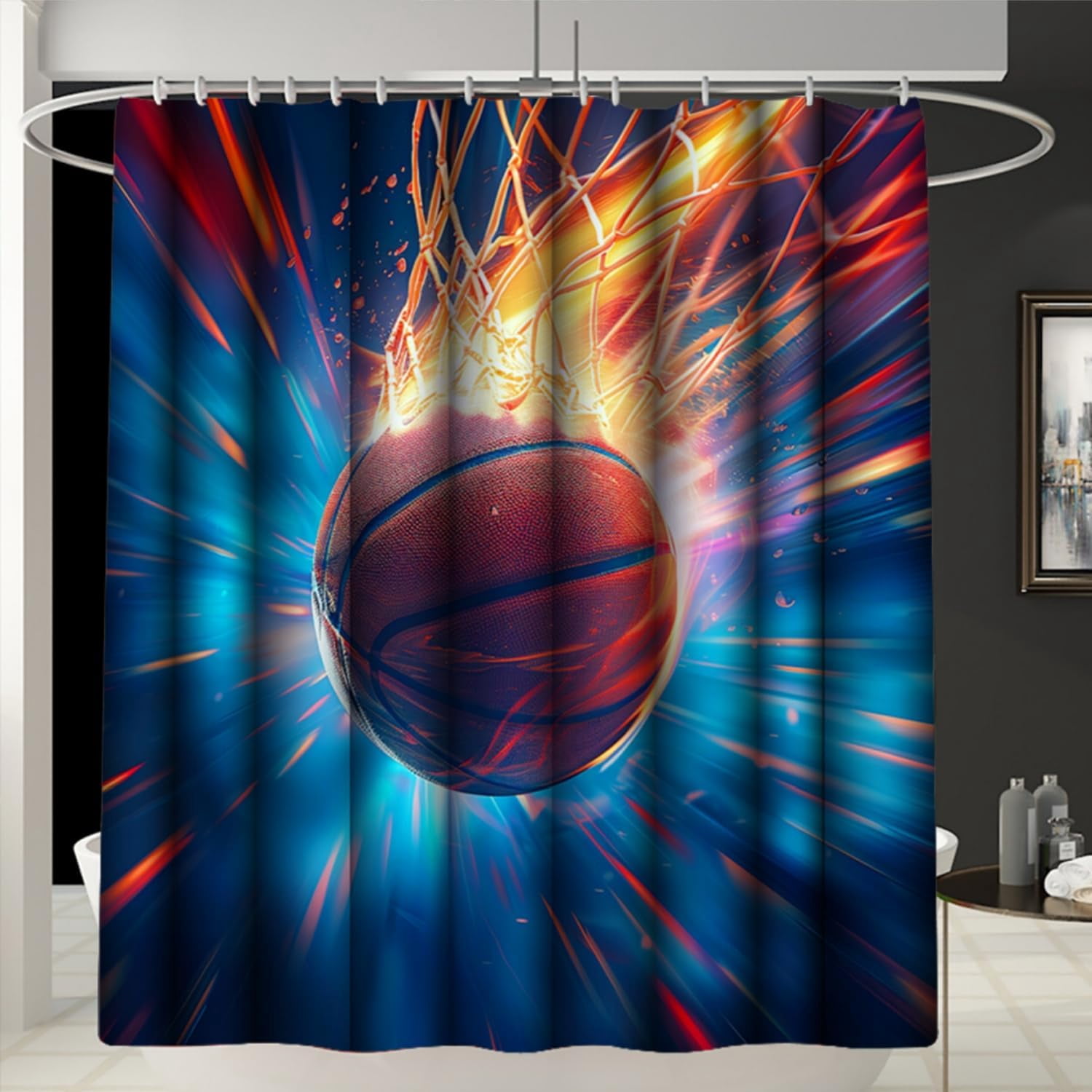 Basketball Shower Curtain Set - 4PCS Sports Shower Curtain Sets for Kids and Teen Boys Bathroom Shower Curtain Set Purple Basketball Bathroom Set with Rug, Toilet Cover and Bath Mat, 12 Hooks