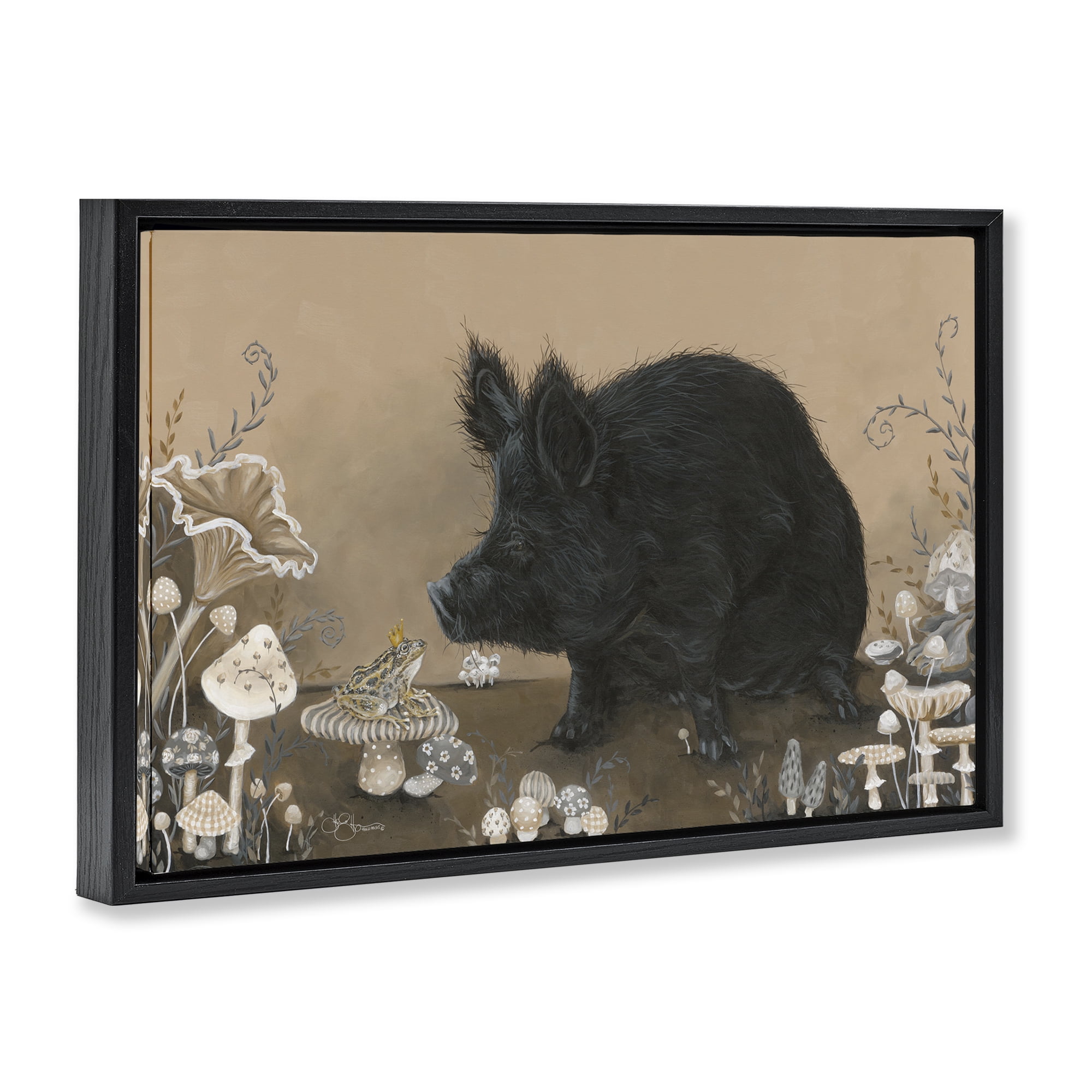 Stupell Industries Hog & Frog with Mushrooms Animals & Insects Painting Black Floater Framed Canvas Art Print Wall Art, 25 x 17