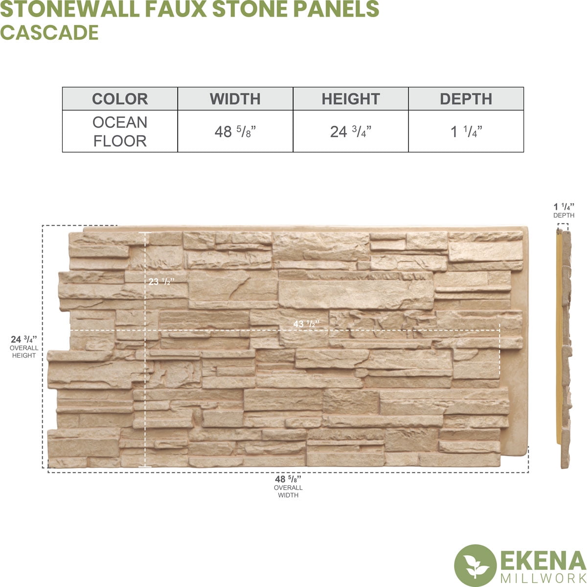 Ekena Millwork 48 5/8"W x 24 3/4"H x 1 1/4"D Cascade Stacked Stone, EverStone Faux Stone Siding Panel, Ocean Floor