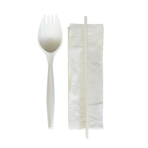 Boardwalk BWKSCHOOLKITPP 5.31 in. Mediumweight Plastic School Cutlery Napkin/Spork/Straw Kit - White (1000/Carton)