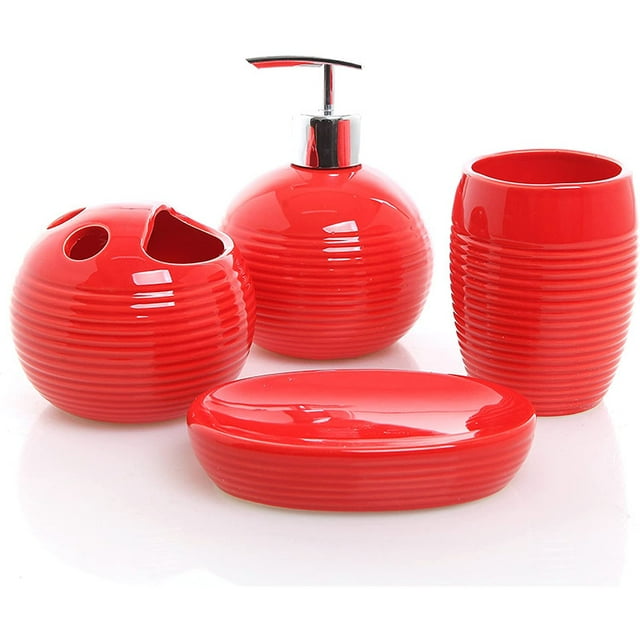 4 Piece Ceramic Full Bathroom Accessory Set European Bathroom Supplies-Red