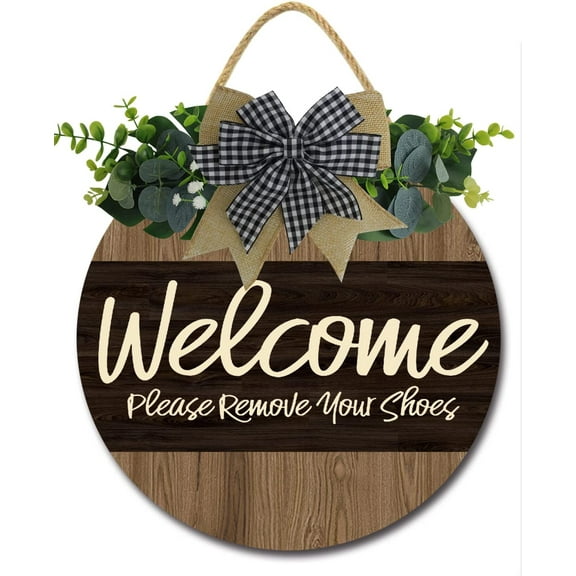 Eveokoki 12" Welcome Sign for Front Door,Decor for Farmhouse Porch Decorations, Rustic Welcome Wreaths Sign with Stapled Greenery, Round Wooden Hanging Sign Housewarming Gift