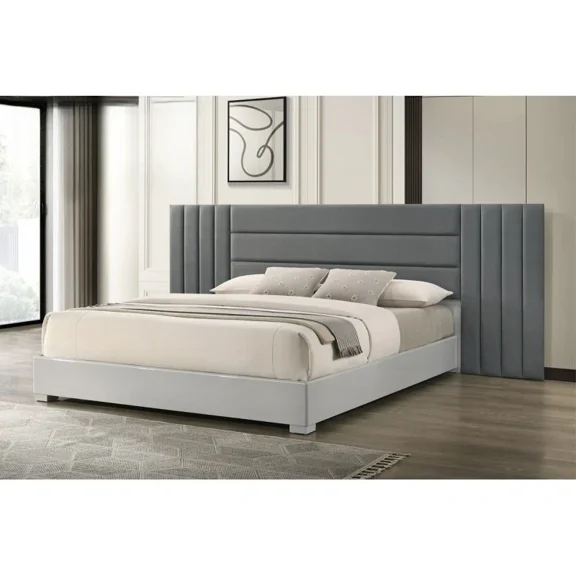 White Lacquer Wood Eastern King Platform Bed Frame with Channel Tufted Headboard