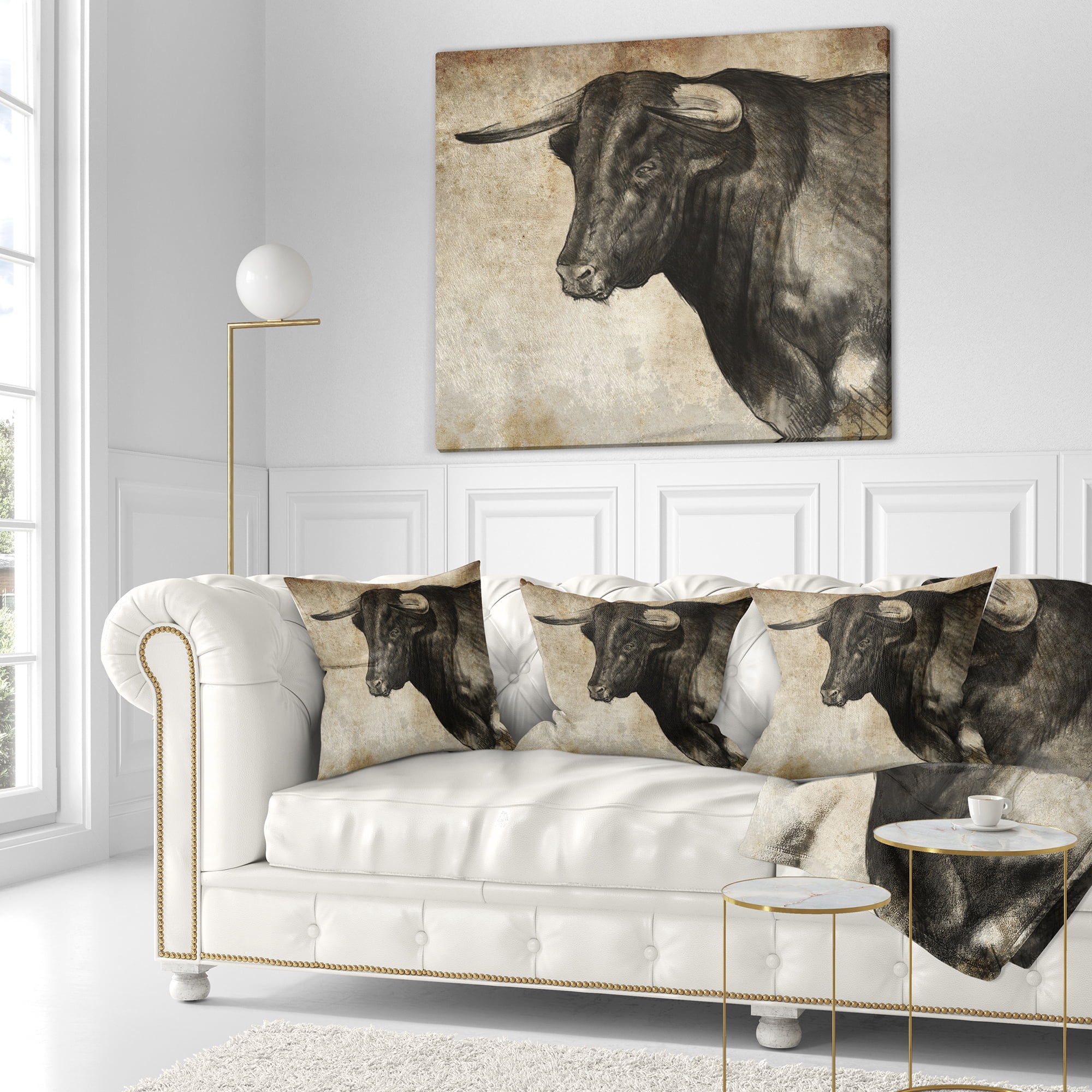 Designart Spanish Bull Sketch - Animal Throw Pillow - 18x18