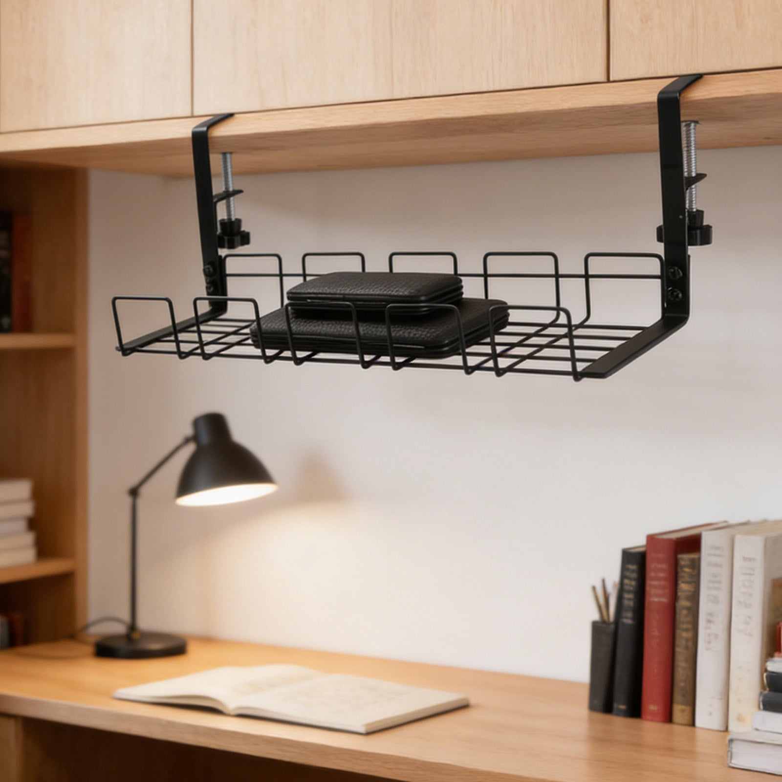 No Drill Under Desk Cable Organizer Shelf - Stainless Steel Adjustable Clamp for Office Computer Desk, Damage-Free Installation, Cable Management Solution