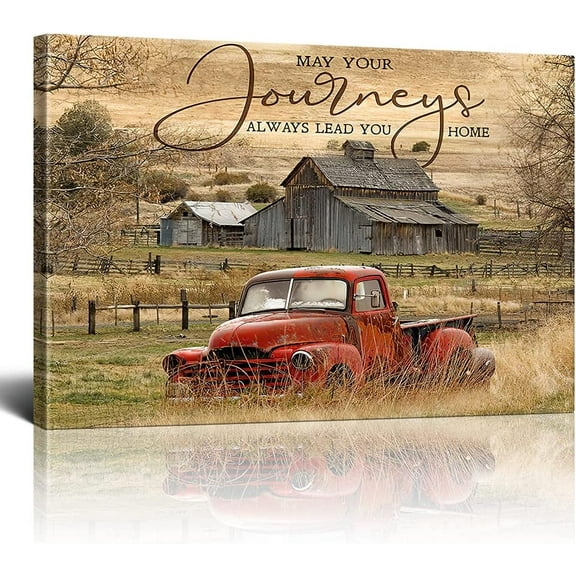 Barn Pictures Wall Decor Red Truck Farmhouse Canvas Painting Vintage Car Wall Framed Posters Home for Living Room Bedroom Bathroom Decoration 12x16inch