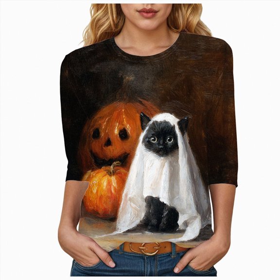 Godom Halloween Shirts for Women Funny Cute Graphic Tee 3/4 Length Sleeve Tunic Tops Halloween