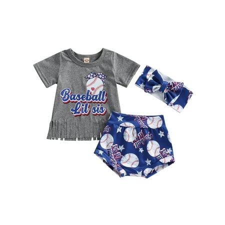 

Qtinghua Newborn Baby Girls Baseball Outfit Tassel T-Shirt Top Baseball Bummie with Headband Summer Clothes