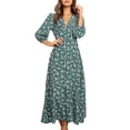 thumbnail image 2 of Qarigey Vestido de mujer con cuello en V y manga 3/4 Vestido largo con estampado de manga larga Ropa de cintura alta Vestidos Verde S, 2 of 6